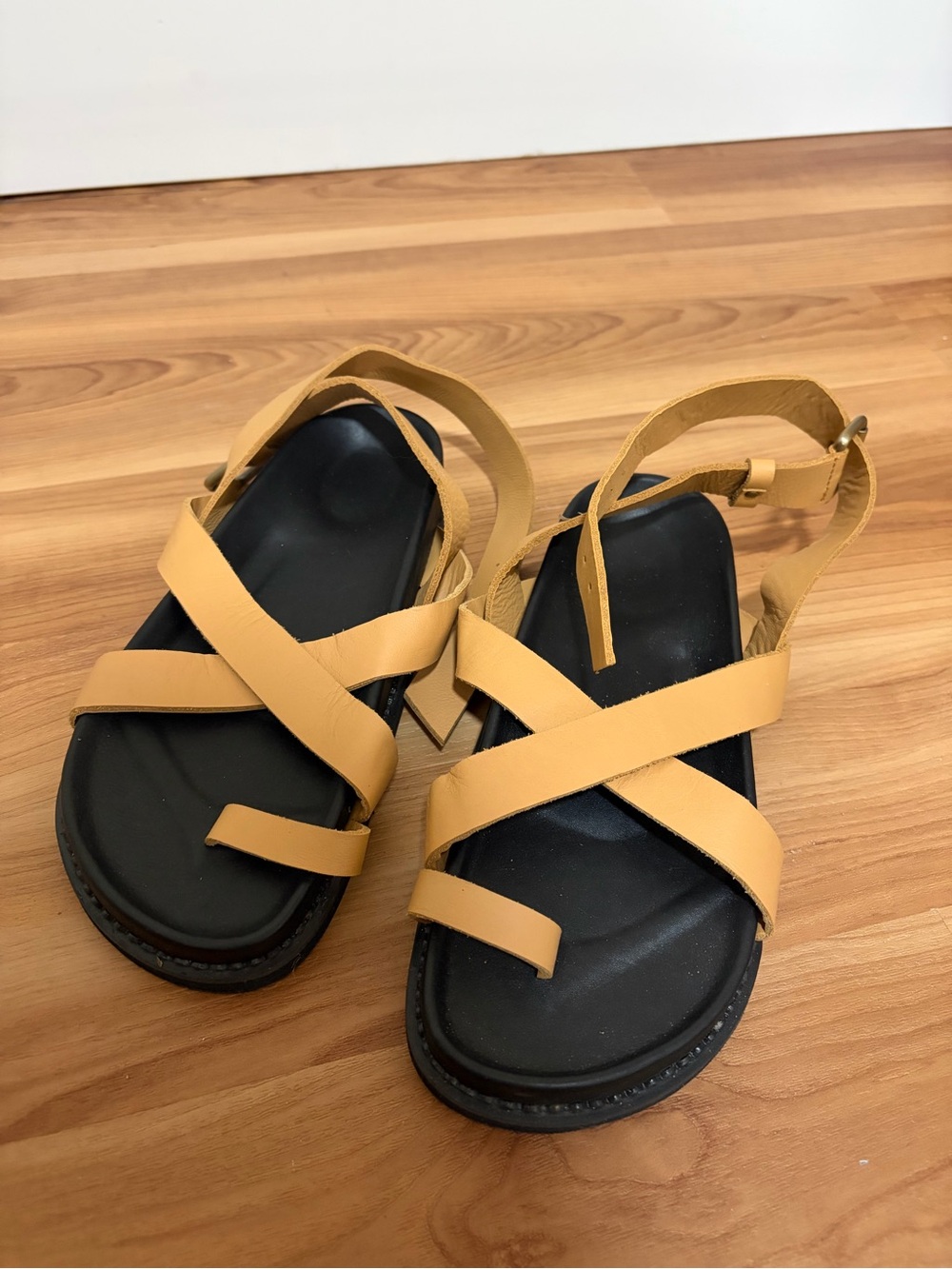 Woven Strap Tan Platform Sandals with Buckle Ankle Strap - Picture 3 of 4